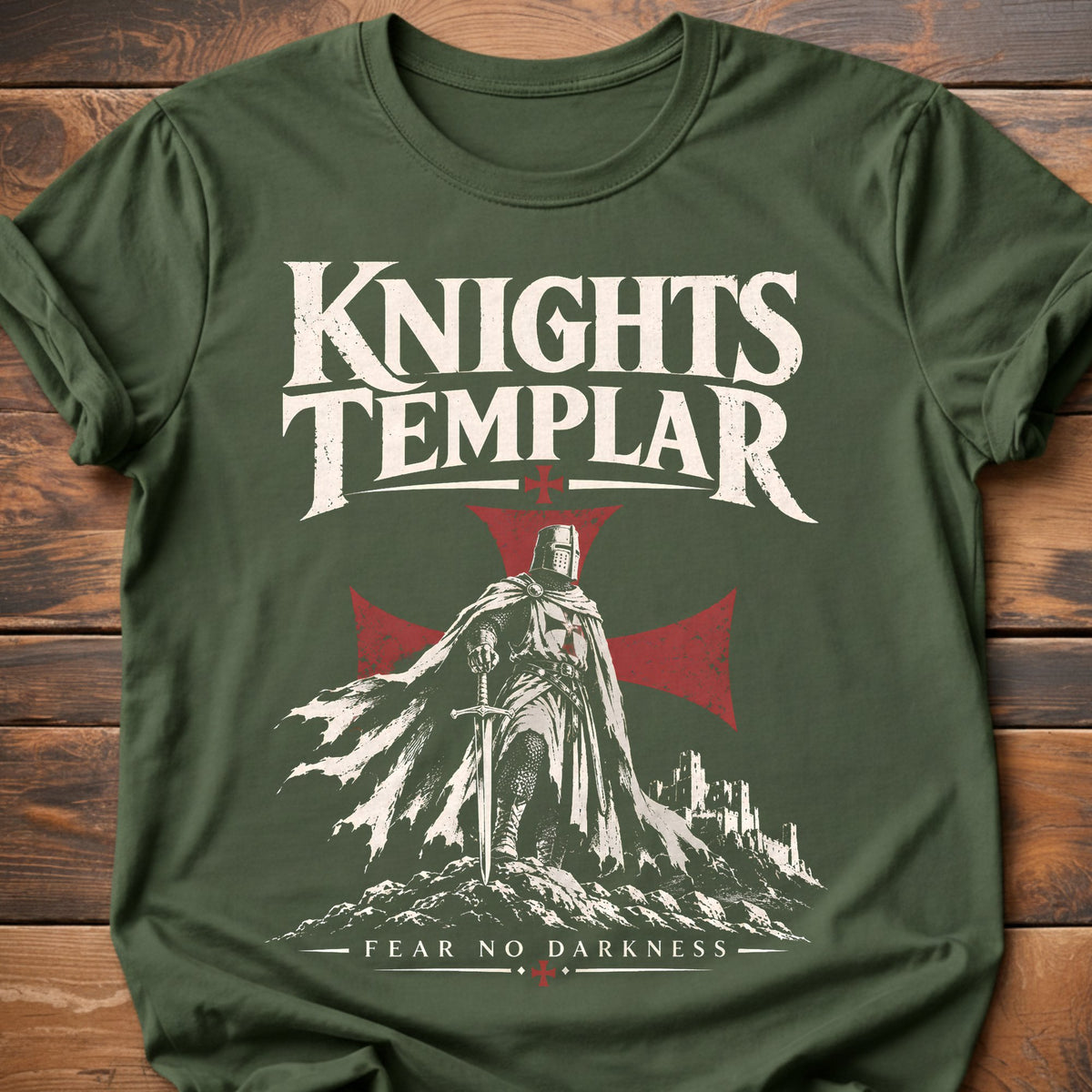 Knights Templar Fear No Darkness Graphic T-Shirt - Military Green