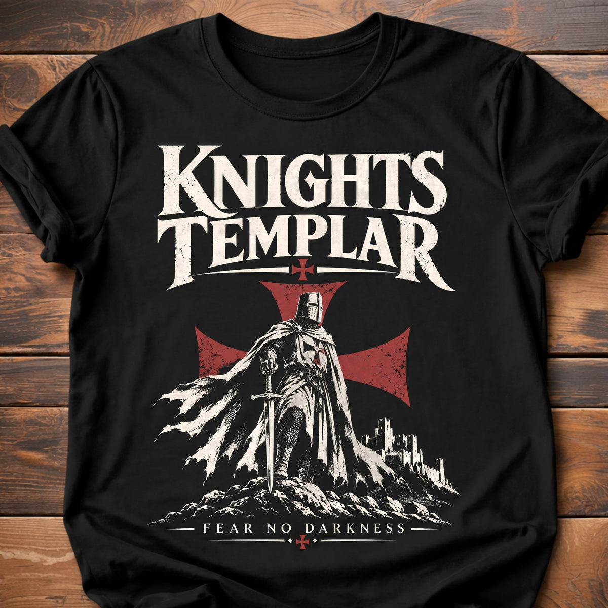 Knights Templar Fear No Darkness Graphic T-Shirt - Black