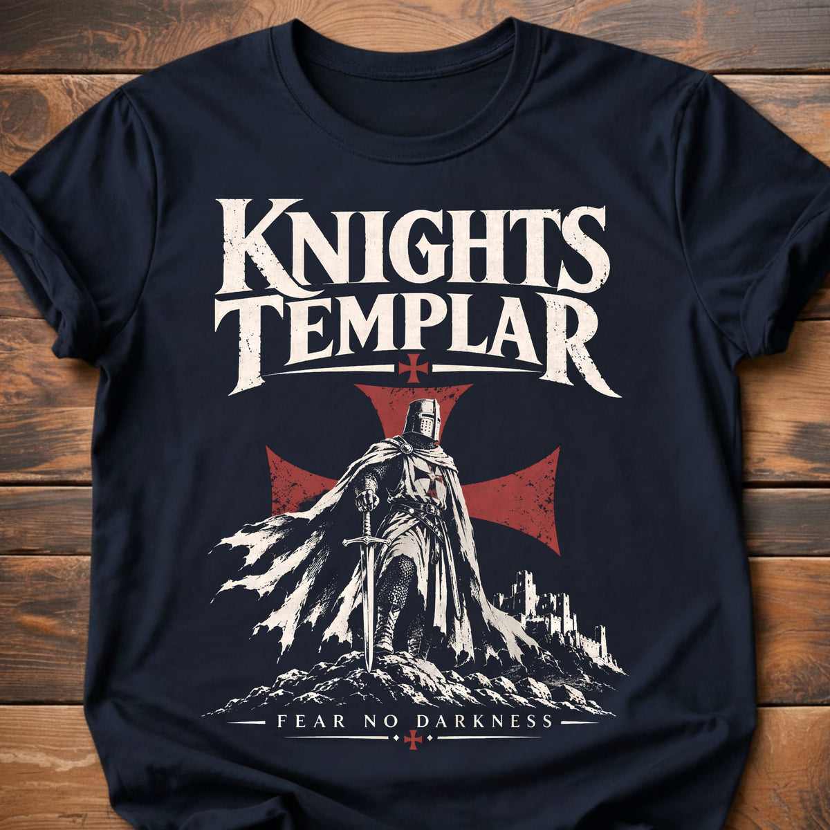Knights Templar Fear No Darkness Graphic T-Shirt - Navy