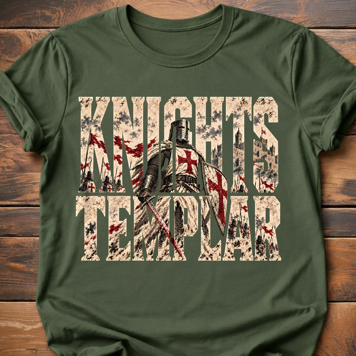 Knights Templar Medieval Crusader graphic t-shirt - Military Green
